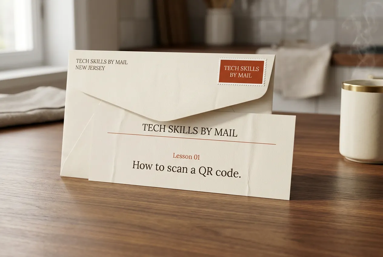 A Tech Skills by Mail envelope opened on a kitchen counter, Lesson 01 letter visible: 'How to scan a QR code.'